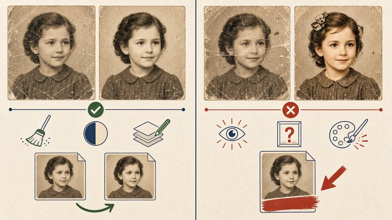 Line-art example for AI Old Photo Restoration: When It Helps and When It Distorts