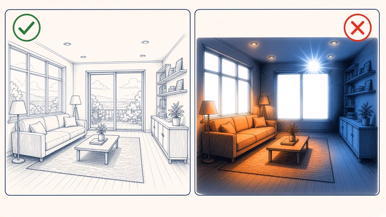 Correct and incorrect Airbnb lighting example