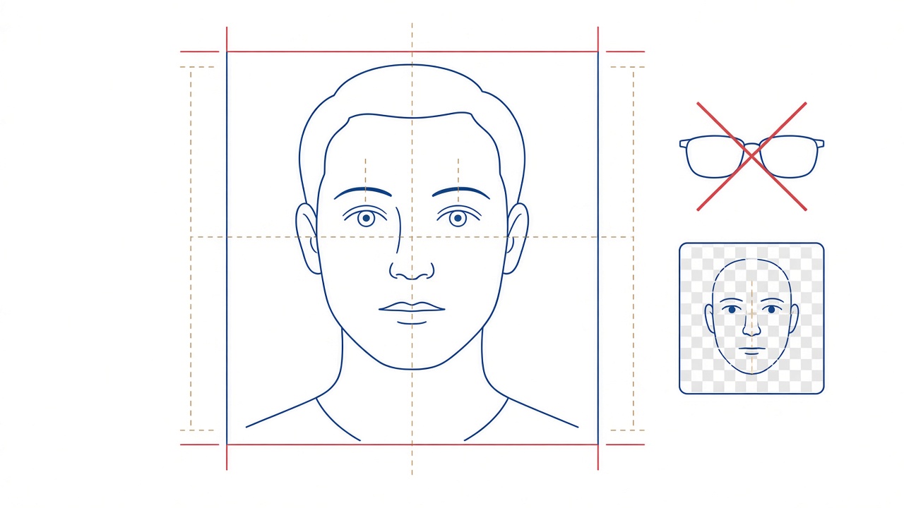Line drawing showing US visa photograph dimensions