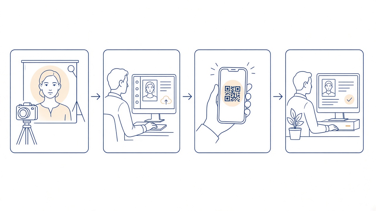 Line-art overview of the passport photograph process in Volos