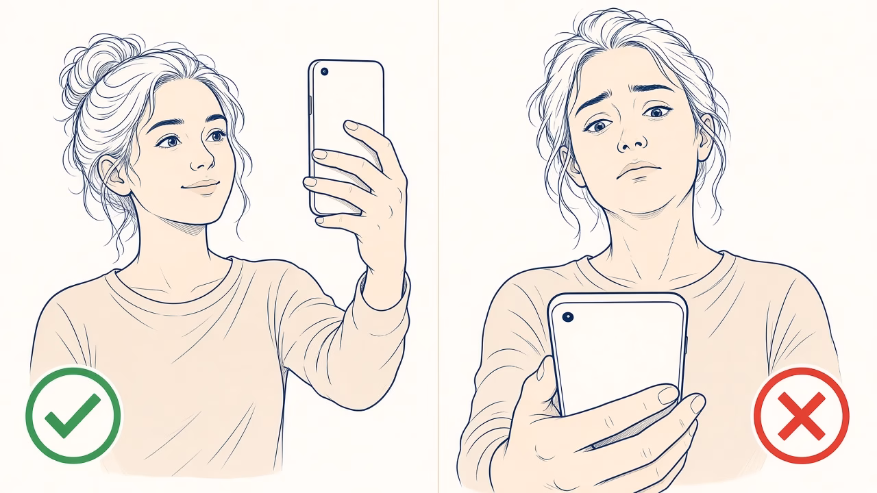 Correct and incorrect phone angle for a selfie
