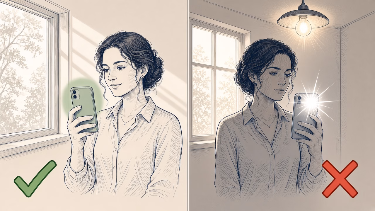 Correct and incorrect selfie lighting