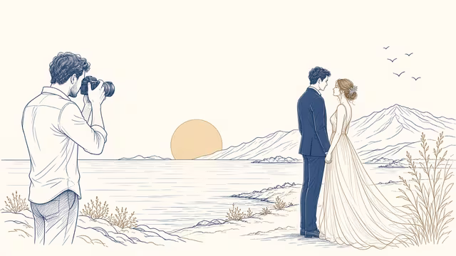 Photographer capturing a wedding couple at sunset in Volos — line art
