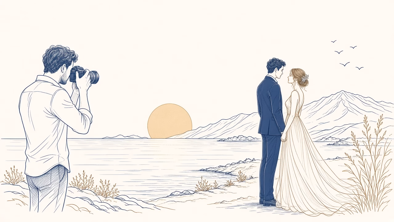 Photographer capturing a wedding couple at sunset in Volos — line art