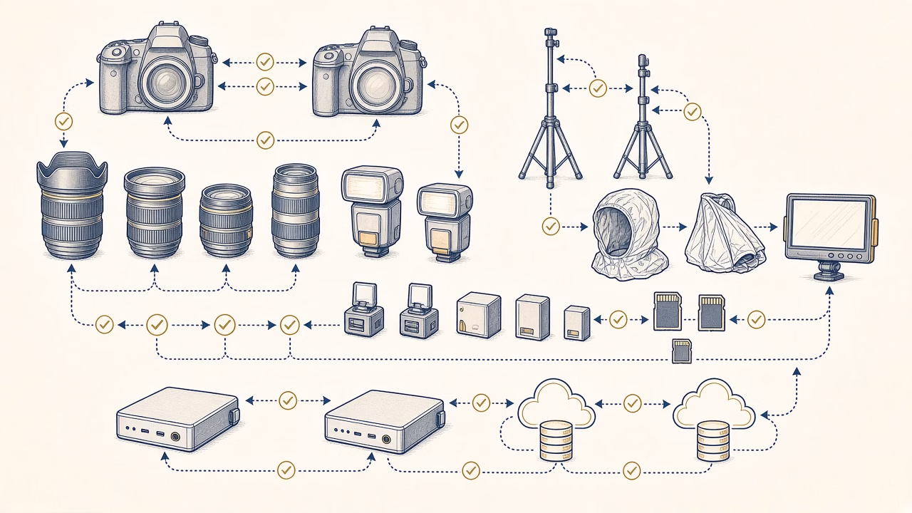 Professional and backup wedding photography equipment